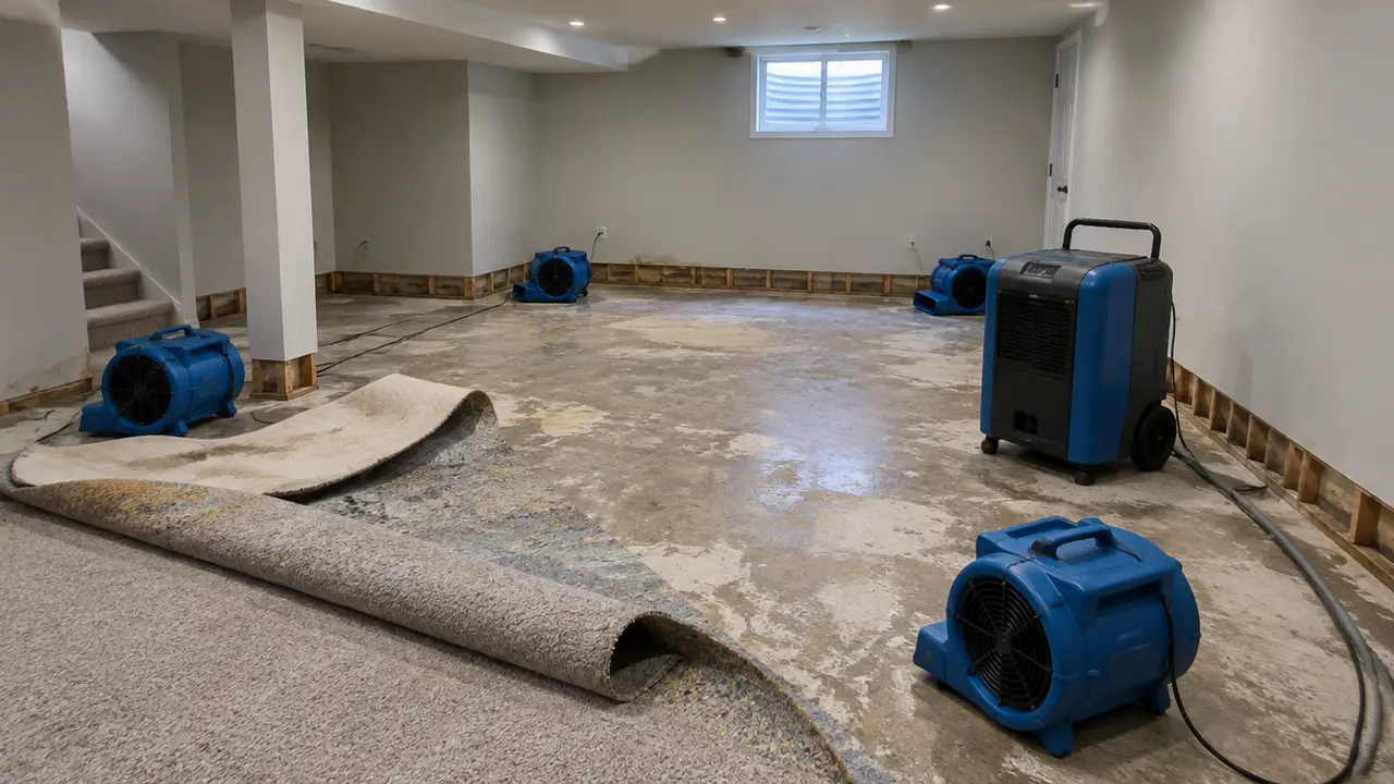 A basement being dried with air movers after a water leak