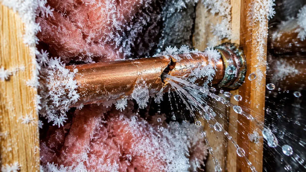 A split copper pipe with frost spraying water inside a wall