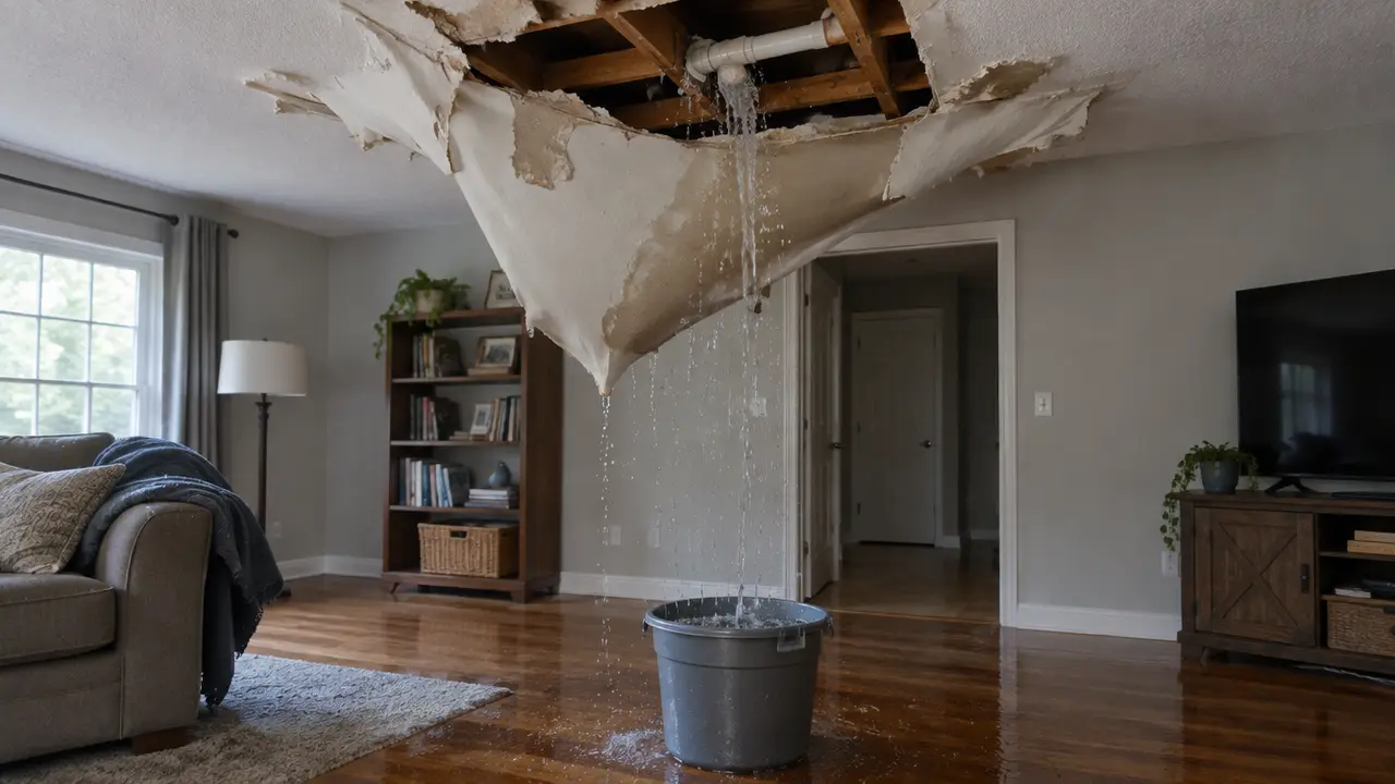 A ceiling partly collapsed with water pouring into a bucket