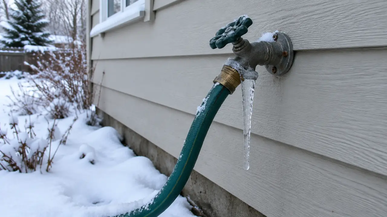 An iced outdoor hose bib with a hose still attached in winter