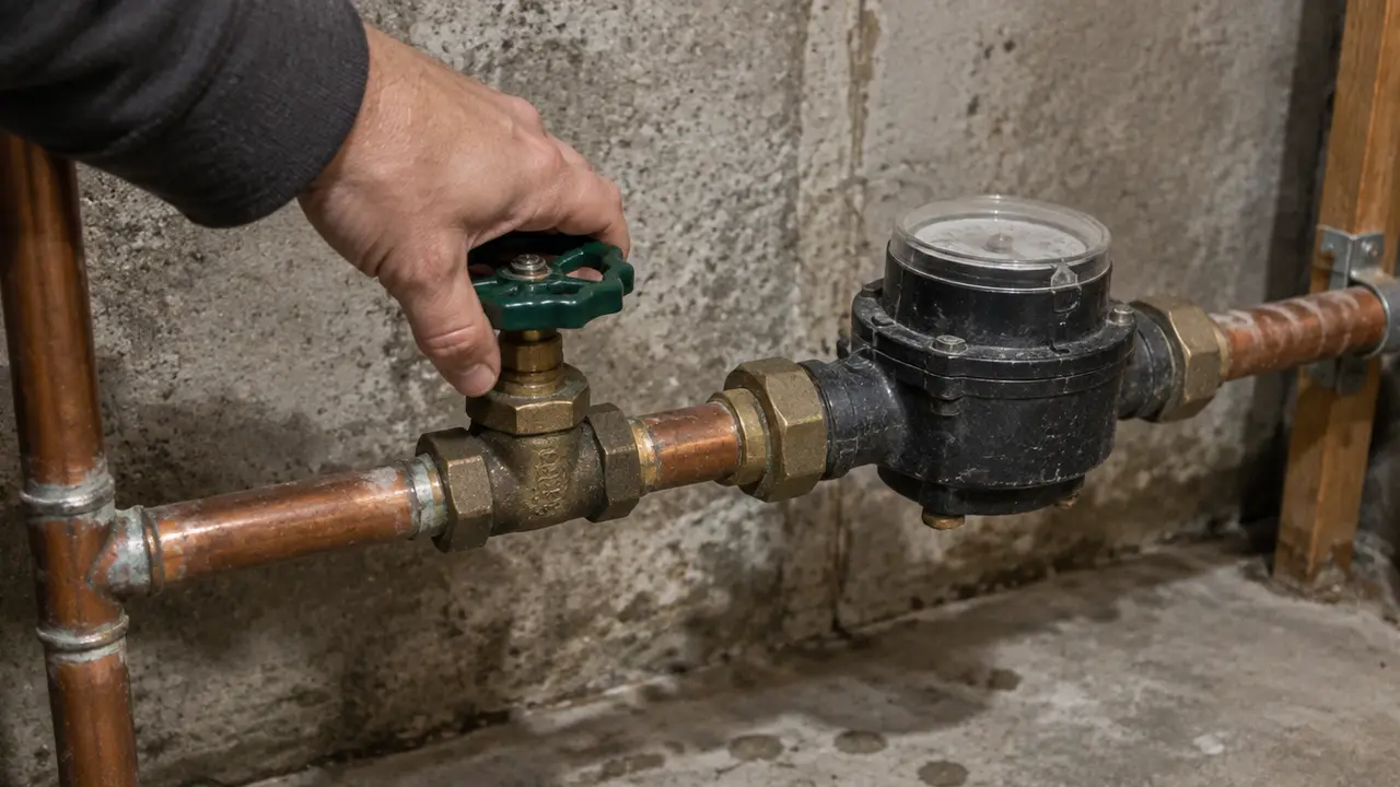 A hand closing the main water shut-off valve in a basement