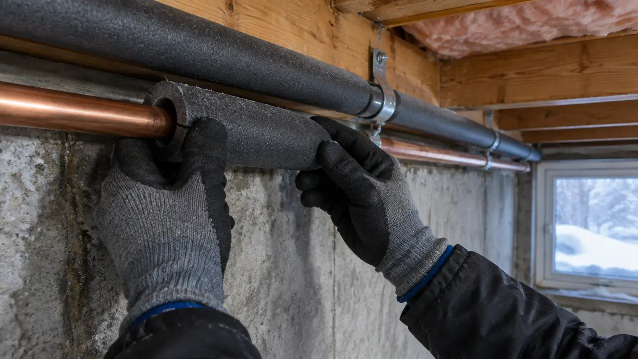 Foam insulation sleeves being fitted onto copper pipes along a rim joist